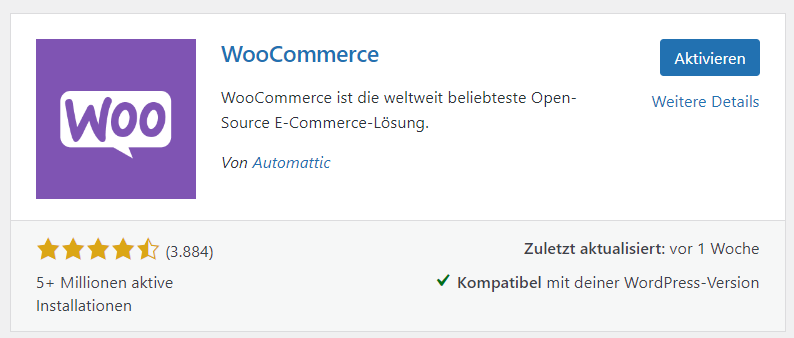 Dieses Bild zeigt, wie das WooCommerce-Plugin installiert und aktiviert wird