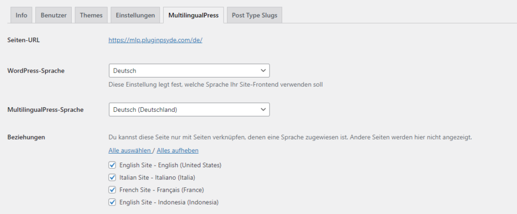 Dieses Bild zeigt Benutzern, wie sie Websites in MultilingualPress miteinander verbinden können